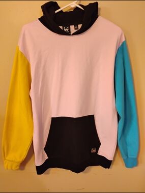 Colorblock Hoodie Sweatshirt - Black Hood, Pink Body, Yellow & Blue Sleeves